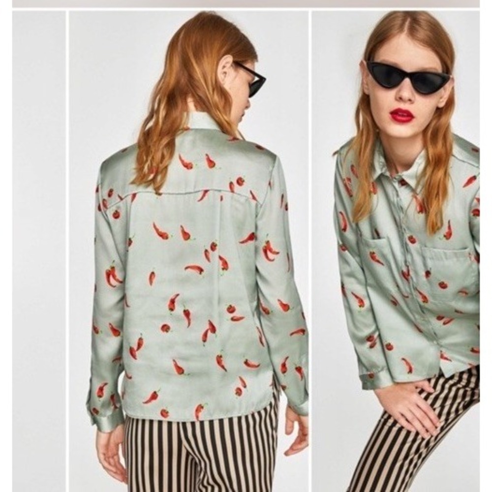 Zara Basic Blouse Women Large Sage Chili Pepper Button Down Foodie Kitsch Whimsy - Picture 8 of 8